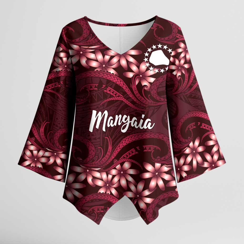 Personalised Cook Islands Mangaia Kimono Sleeve Blouse Tiare Maori Polynesian Waves Tattoo LT14 Female Burgundy - Polynesian Pride