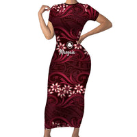 Personalised Cook Islands Mangaia Short Sleeve Bodycon Dress Tiare Maori Polynesian Waves Tattoo LT14 Long Dress Burgundy - Polynesian Pride