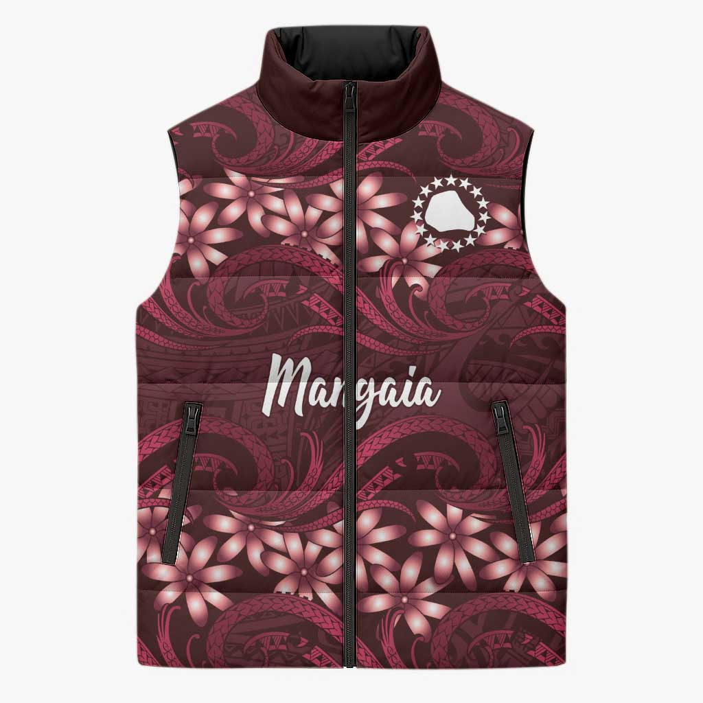 Personalised Cook Islands Mangaia Sleeveless Puffer Jacket Tiare Maori Polynesian Waves Tattoo LT14 Unisex Burgundy - Polynesian Pride