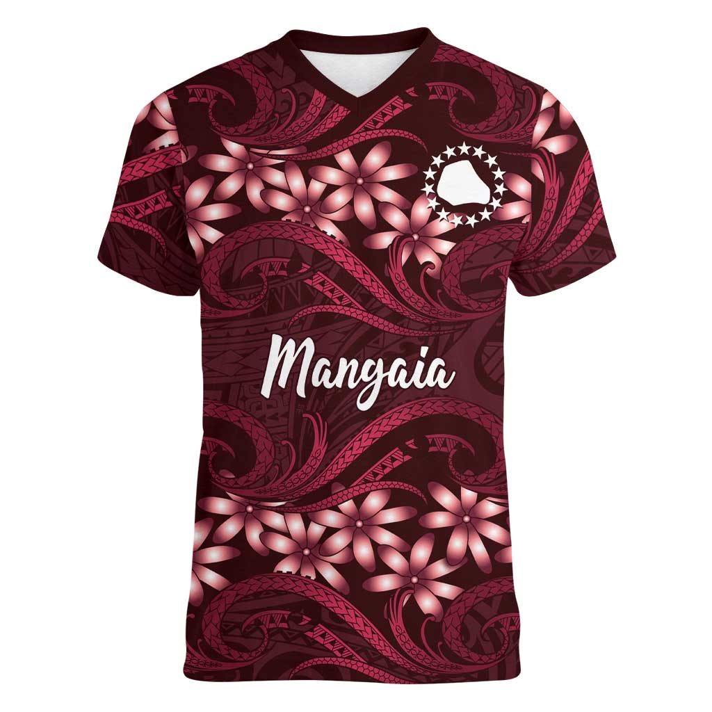 Personalised Cook Islands Mangaia Women V-Neck T-Shirt Tiare Maori Polynesian Waves Tattoo LT14 Female Burgundy - Polynesian Pride