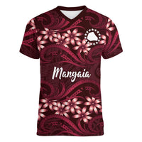 Personalised Cook Islands Mangaia Women V-Neck T-Shirt Tiare Maori Polynesian Waves Tattoo LT14 Female Burgundy - Polynesian Pride