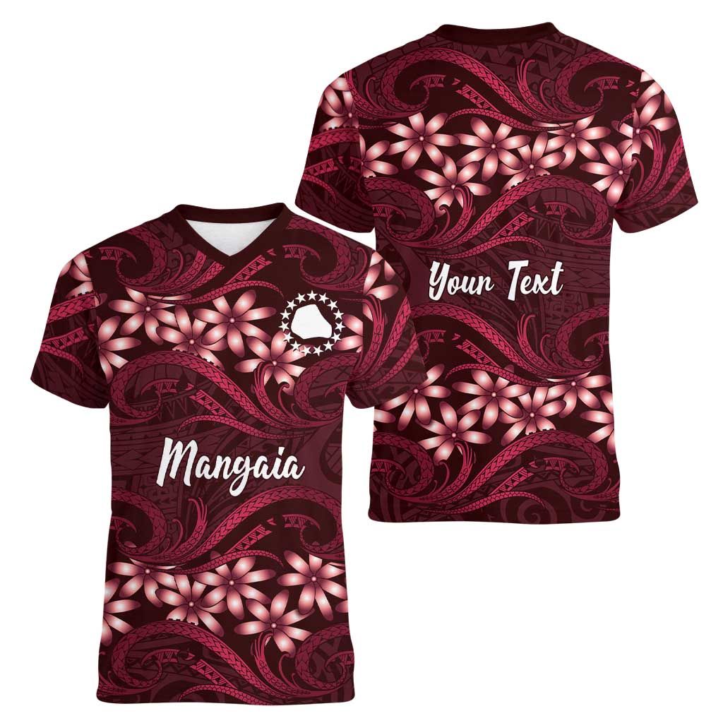 Personalised Cook Islands Mangaia Women V-Neck T-Shirt Tiare Maori Polynesian Waves Tattoo LT14 - Polynesian Pride