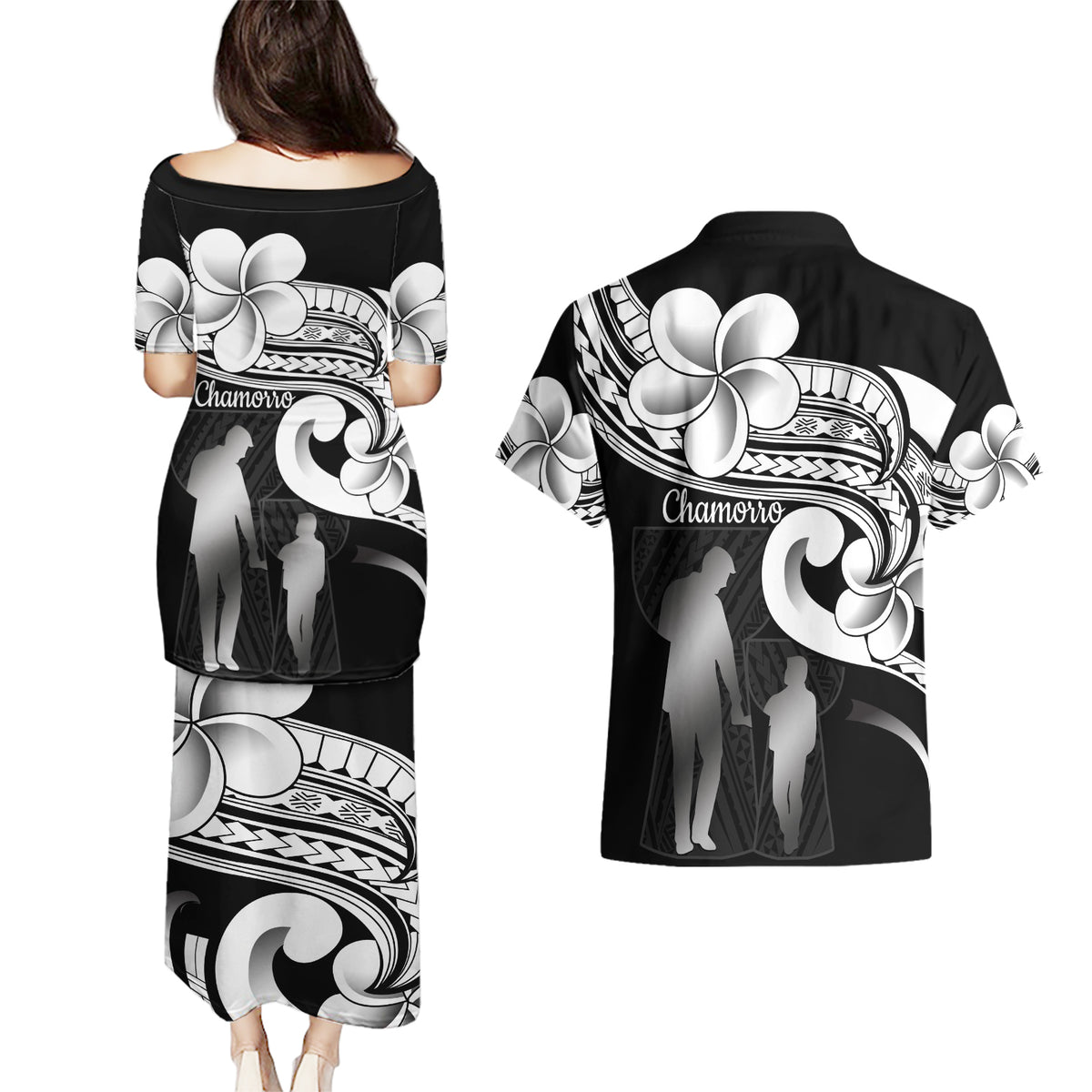 Guam Father's Day Couples Matching Puletasi and Hawaiian Shirt Chamorro Latte Stone Polynesian Pattern