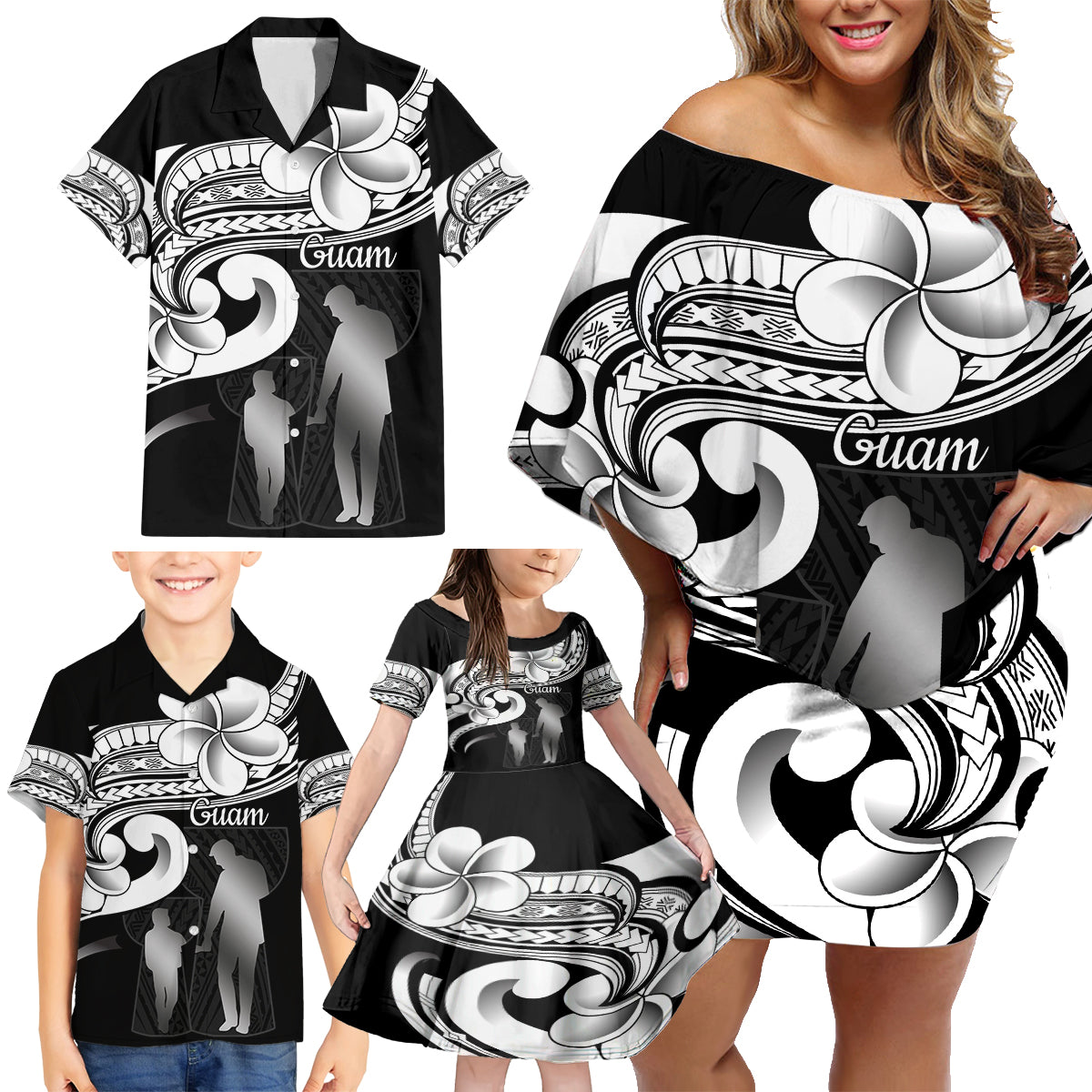 Guam Father's Day Family Matching Off Shoulder Short Dress and Hawaiian Shirt Chamorro Latte Stone Polynesian Pattern LT14 - Polynesian Pride