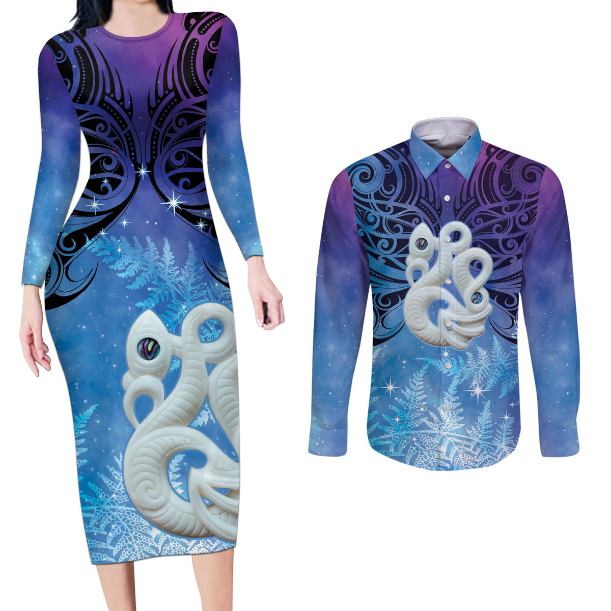 New Zealand Matariki Couples Matching Long Sleeve Bodycon Dress and Long Sleeve Button Shirt Aotearoa Maori New Year Manaia Galaxy Vibes LT14 Blue - Polynesian Pride