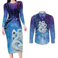 New Zealand Matariki Couples Matching Long Sleeve Bodycon Dress and Long Sleeve Button Shirt Aotearoa Maori New Year Manaia Galaxy Vibes LT14 Blue - Polynesian Pride