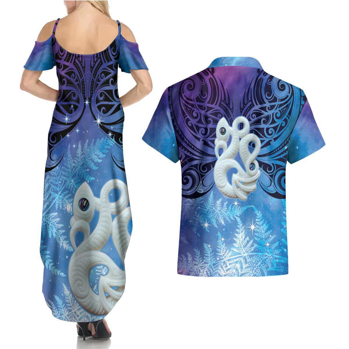 New Zealand Matariki Couples Matching Summer Maxi Dress and Hawaiian Shirt Aotearoa Maori New Year Manaia Galaxy Vibes LT14 - Polynesian Pride