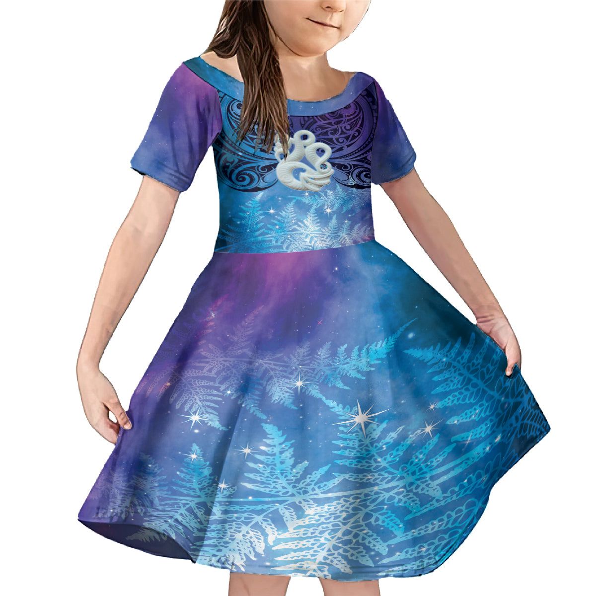 New Zealand Matariki Family Matching Mermaid Dress and Hawaiian Shirt Aotearoa Maori New Year Manaia Galaxy Vibes LT14 Daughter's Dress Blue - Polynesian Pride