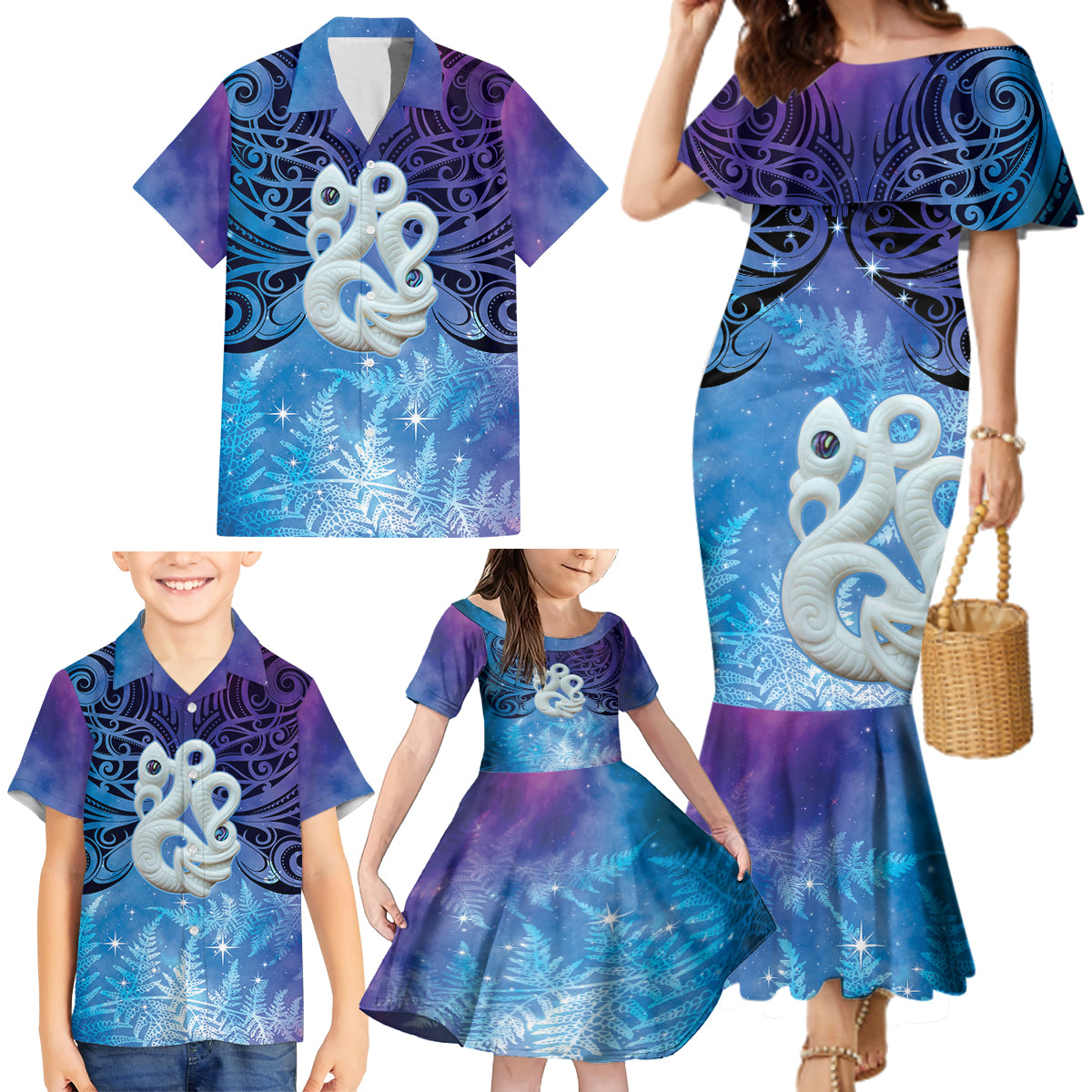 New Zealand Matariki Family Matching Mermaid Dress and Hawaiian Shirt Aotearoa Maori New Year Manaia Galaxy Vibes LT14 - Polynesian Pride