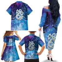 New Zealand Matariki Family Matching Off The Shoulder Long Sleeve Dress and Hawaiian Shirt Aotearoa Maori New Year Manaia Galaxy Vibes