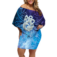 New Zealand Matariki Family Matching Off Shoulder Short Dress and Hawaiian Shirt Aotearoa Maori New Year Manaia Galaxy Vibes LT14 Mom's Dress Blue - Polynesian Pride