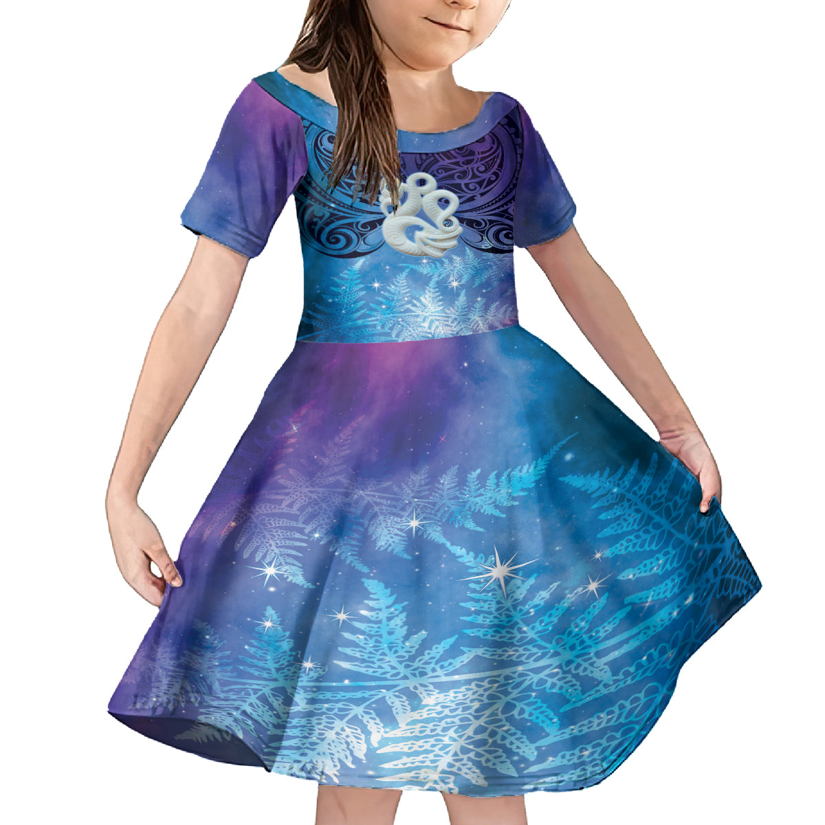 New Zealand Matariki Family Matching Summer Maxi Dress and Hawaiian Shirt Aotearoa Maori New Year Manaia Galaxy Vibes LT14 Daughter's Dress Blue - Polynesian Pride