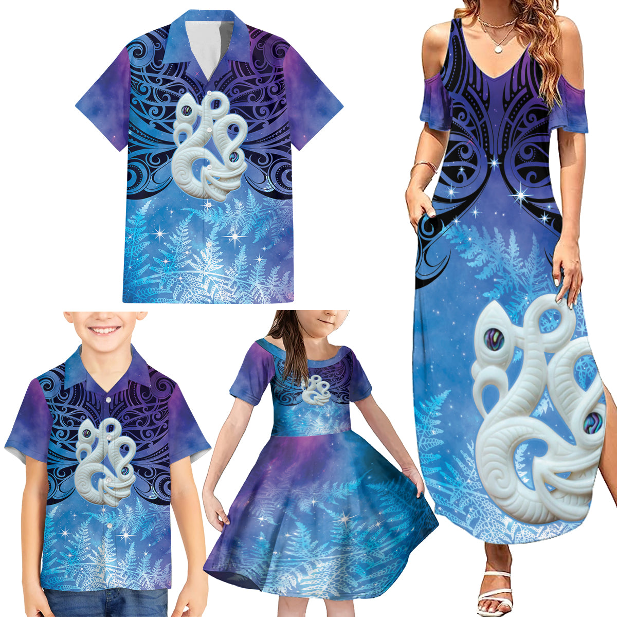 New Zealand Matariki Family Matching Summer Maxi Dress and Hawaiian Shirt Aotearoa Maori New Year Manaia Galaxy Vibes LT14 - Polynesian Pride