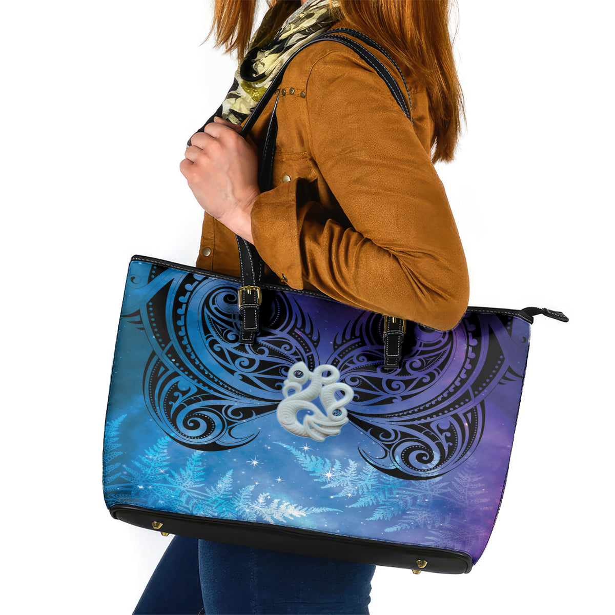 New Zealand Matariki Leather Tote Bag Aotearoa Maori New Year Manaia Galaxy Vibes LT14 Blue - Polynesian Pride