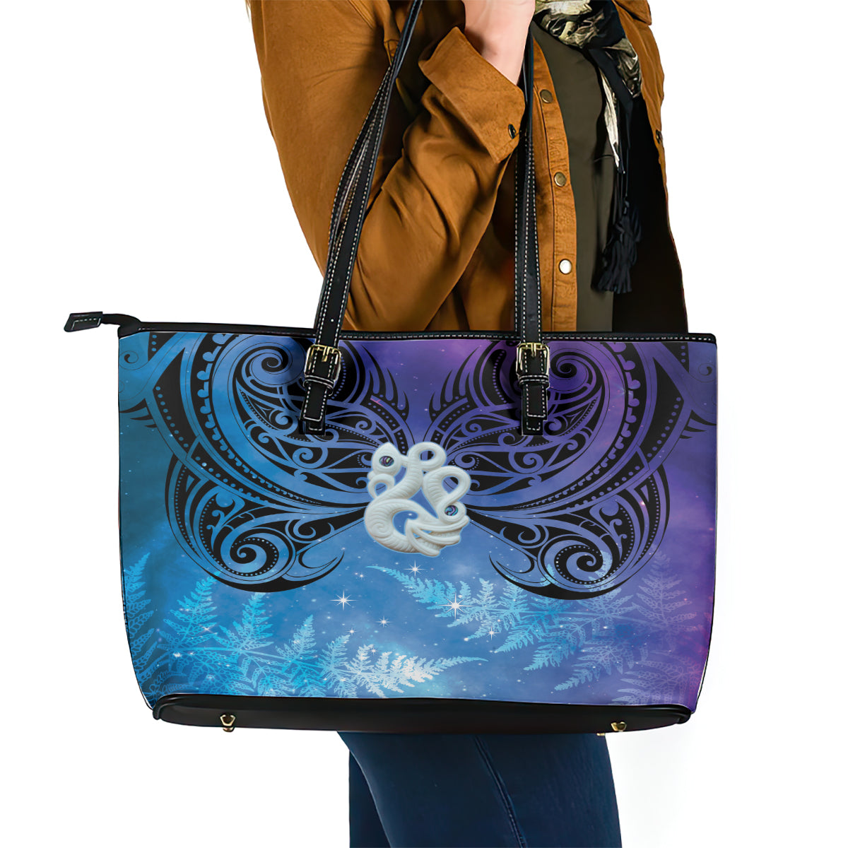 New Zealand Matariki Leather Tote Bag Aotearoa Maori New Year Manaia Galaxy Vibes LT14 - Polynesian Pride