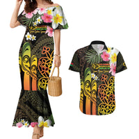 Personalised Vanuatu Independence Day Couples Matching Mermaid Dress and Hawaiian Shirt Carving Drum Sand Drawing Turtle