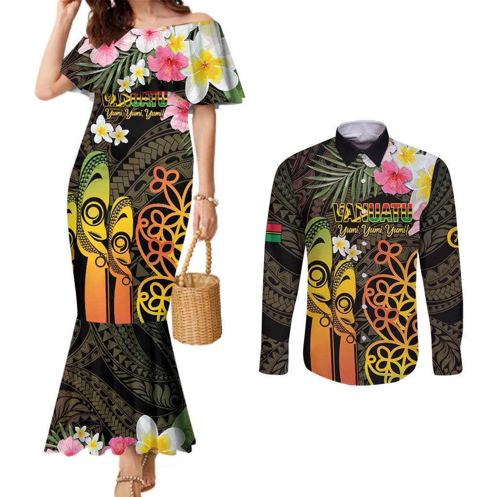 Personalised Vanuatu Independence Day Couples Matching Mermaid Dress and Long Sleeve Button Shirt Carving Drum Sand Drawing Turtle