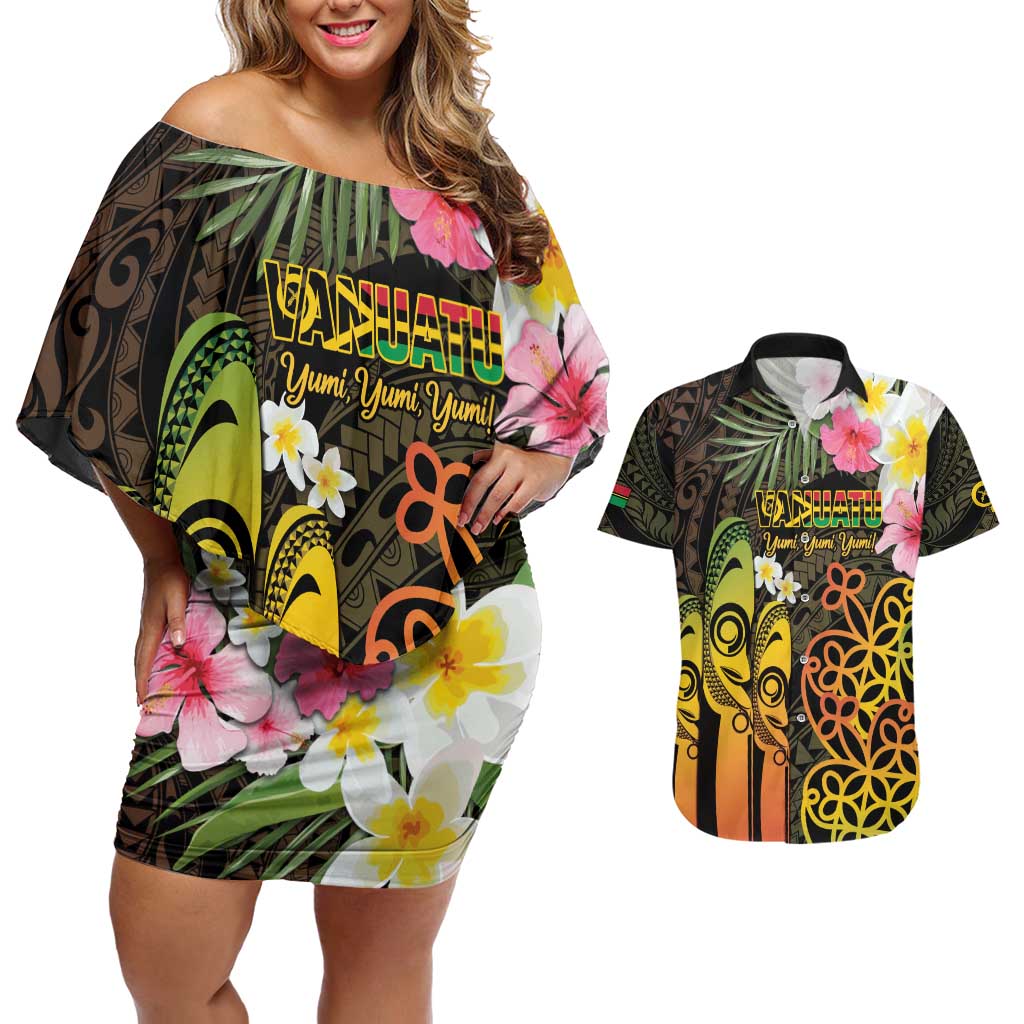 Personalised Vanuatu Independence Day Couples Matching Off Shoulder Short Dress and Hawaiian Shirt Carving Drum Sand Drawing Turtle
