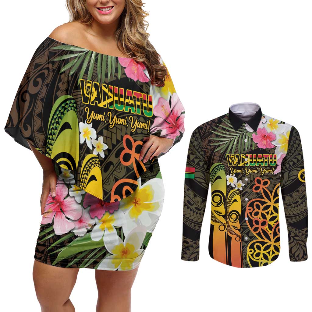 Personalised Vanuatu Independence Day Couples Matching Off Shoulder Short Dress and Long Sleeve Button Shirt Carving Drum Sand Drawing Turtle