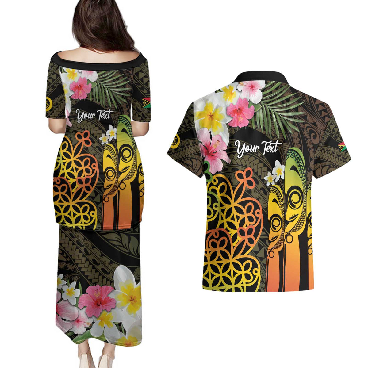 Personalised Vanuatu Independence Day Couples Matching Puletasi and Hawaiian Shirt Carving Drum Sand Drawing Turtle