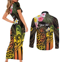 Personalised Vanuatu Independence Day Couples Matching Short Sleeve Bodycon Dress and Long Sleeve Button Shirt Carving Drum Sand Drawing Turtle