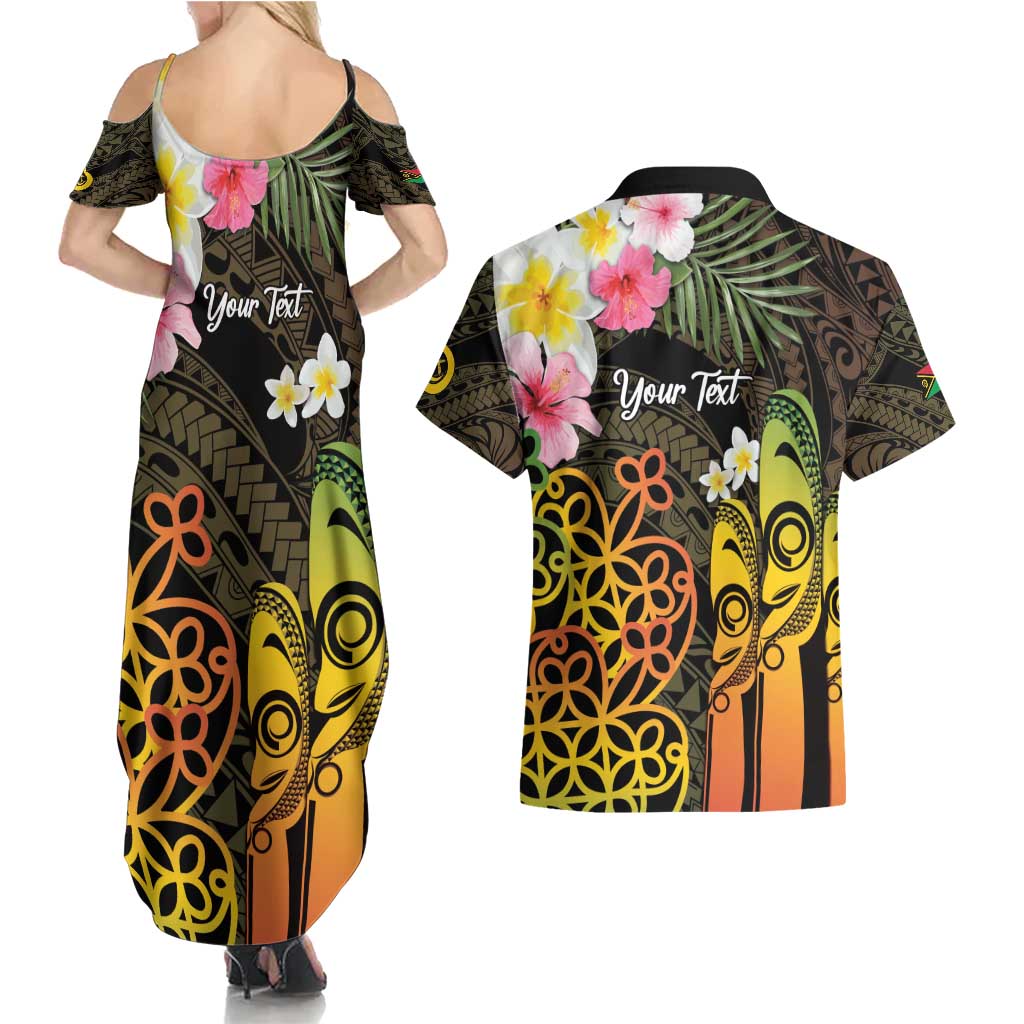 Personalised Vanuatu Independence Day Couples Matching Summer Maxi Dress and Hawaiian Shirt Carving Drum Sand Drawing Turtle