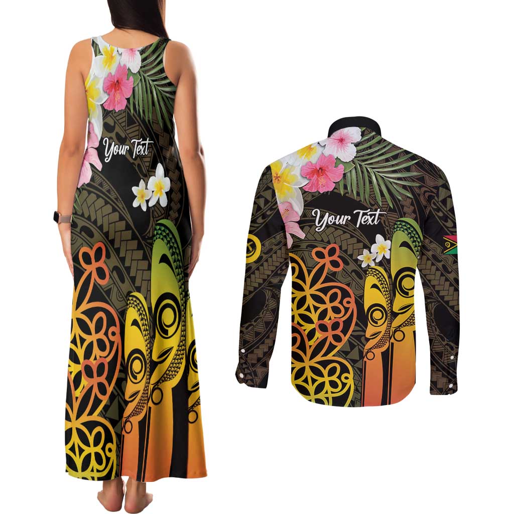 Personalised Vanuatu Independence Day Couples Matching Tank Maxi Dress and Long Sleeve Button Shirt Carving Drum Sand Drawing Turtle