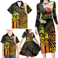 Personalised Vanuatu Independence Day Family Matching Long Sleeve Bodycon Dress and Hawaiian Shirt Carving Drum Sand Drawing Turtle