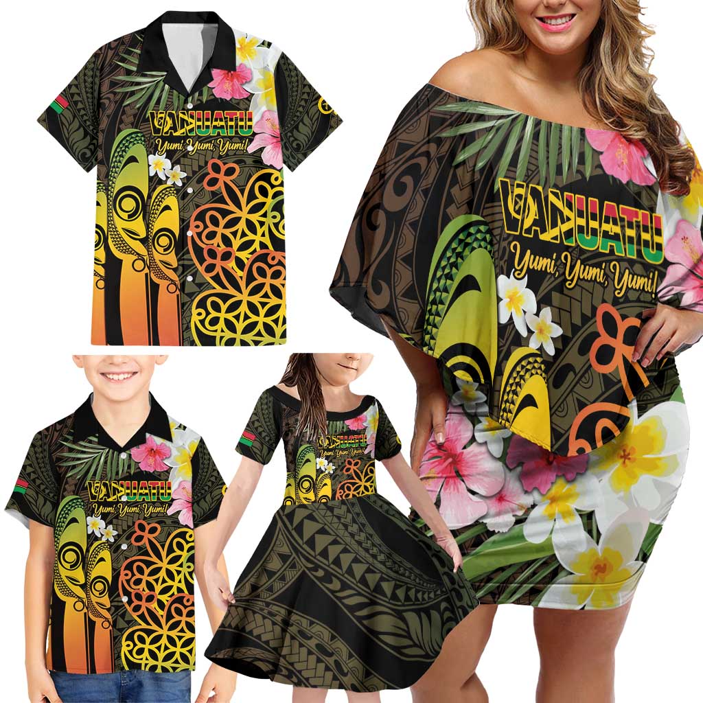 Personalised Vanuatu Independence Day Family Matching Off Shoulder Short Dress and Hawaiian Shirt Carving Drum Sand Drawing Turtle