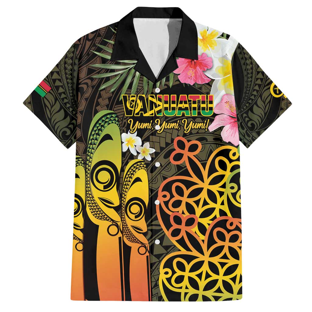 Personalised Vanuatu Independence Day Family Matching Off Shoulder Short Dress and Hawaiian Shirt Carving Drum Sand Drawing Turtle