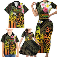 Personalised Vanuatu Independence Day Family Matching Short Sleeve Bodycon Dress and Hawaiian Shirt Carving Drum Sand Drawing Turtle