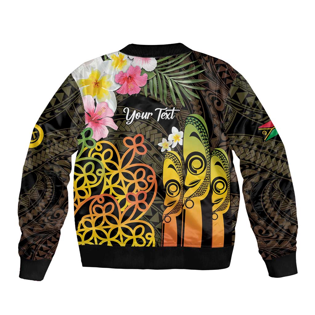 Personalised Vanuatu Independence Day Sleeve Zip Bomber Jacket Carving Drum Sand Drawing Turtle