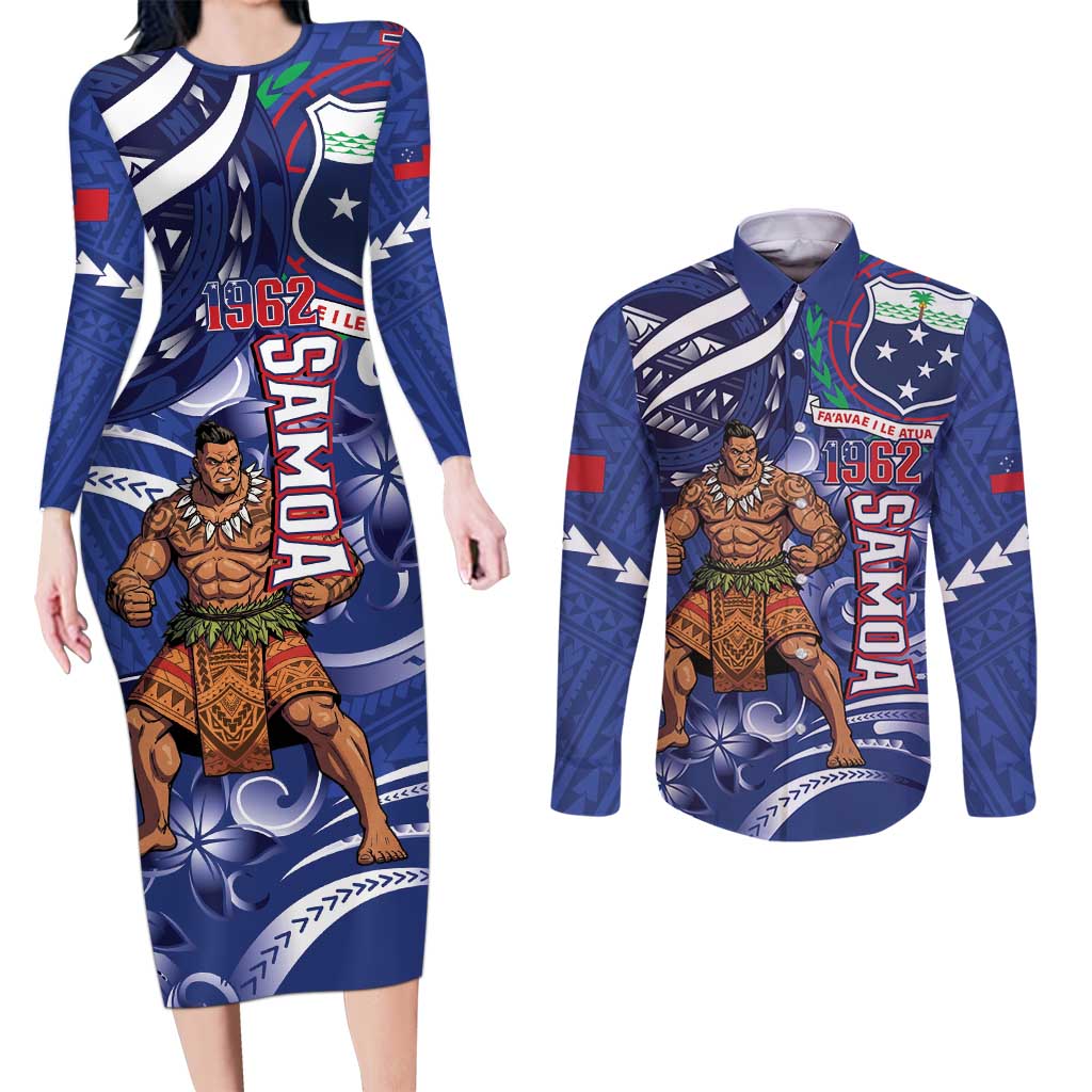 Samoa Independence Day Couples Matching Long Sleeve Bodycon Dress and Long Sleeve Button Shirt 1962 Proud Samoan Warrior