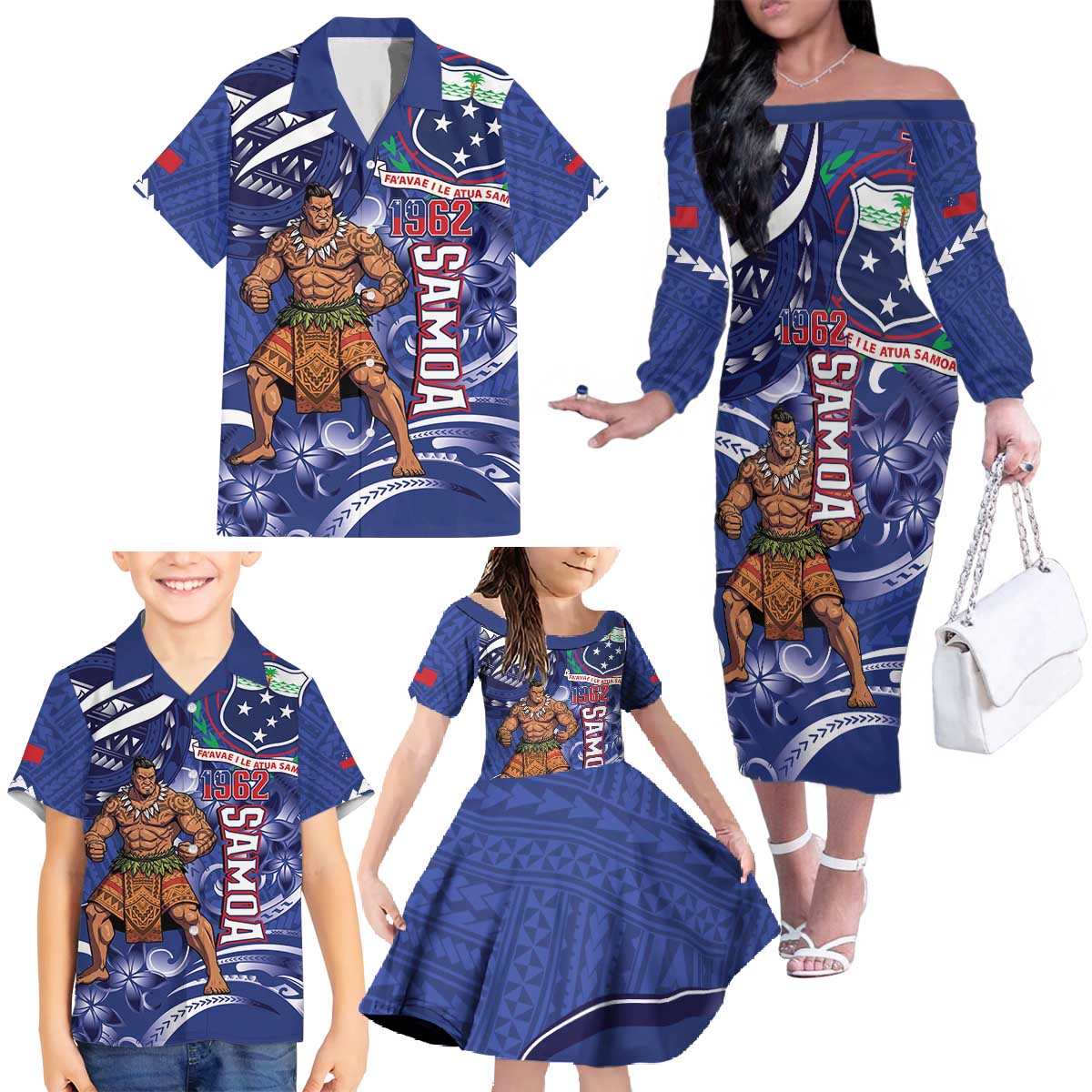 Samoa Independence Day Family Matching Off The Shoulder Long Sleeve Dress and Hawaiian Shirt 1962 Proud Samoan Warrior