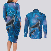 Paikea New Zealand Matariki Couples Matching Long Sleeve Bodycon Dress and Long Sleeve Button Shirt Humpback Whale Taniko Motifs Ocean Vibes LT14 - Polynesian Pride
