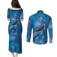 Paikea New Zealand Matariki Couples Matching Puletasi and Long Sleeve Button Shirt Humpback Whale Taniko Motifs Ocean Vibes LT14 - Polynesian Pride