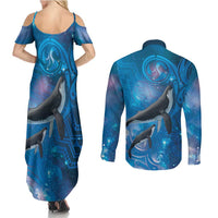 Paikea New Zealand Matariki Couples Matching Summer Maxi Dress and Long Sleeve Button Shirt Humpback Whale Taniko Motifs Ocean Vibes LT14 - Polynesian Pride