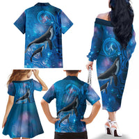Paikea New Zealand Matariki Family Matching Off The Shoulder Long Sleeve Dress and Hawaiian Shirt Humpback Whale Taniko Motifs Ocean Vibes LT14 - Polynesian Pride