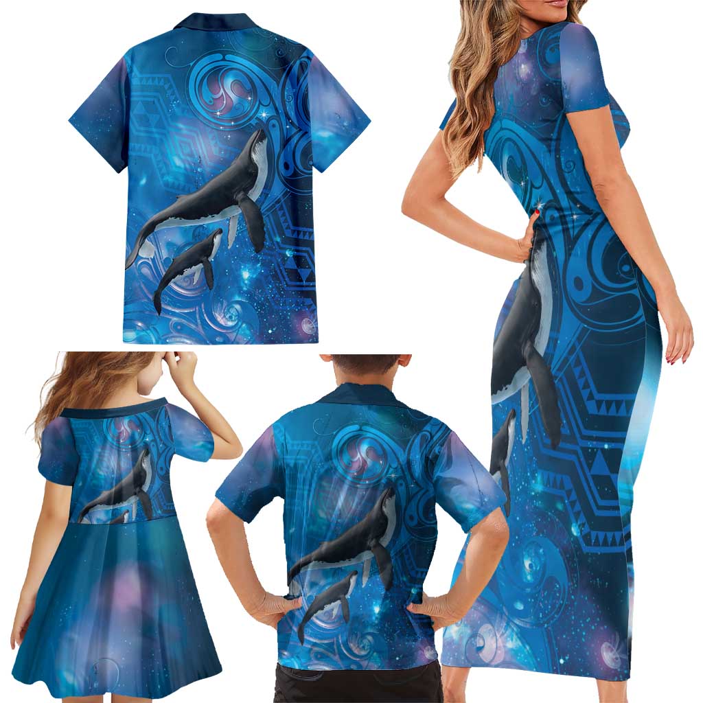 Paikea New Zealand Matariki Family Matching Short Sleeve Bodycon Dress and Hawaiian Shirt Humpback Whale Taniko Motifs Ocean Vibes LT14 - Polynesian Pride