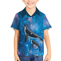 Paikea New Zealand Matariki Family Matching Short Sleeve Bodycon Dress and Hawaiian Shirt Humpback Whale Taniko Motifs Ocean Vibes LT14 Son's Shirt Blue - Polynesian Pride