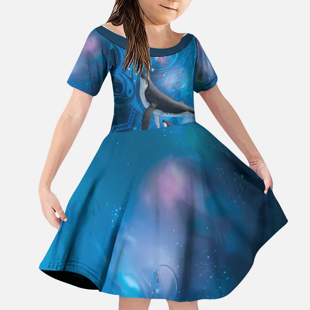 Paikea New Zealand Matariki Family Matching Summer Maxi Dress and Hawaiian Shirt Humpback Whale Taniko Motifs Ocean Vibes LT14 Daughter's Dress Blue - Polynesian Pride