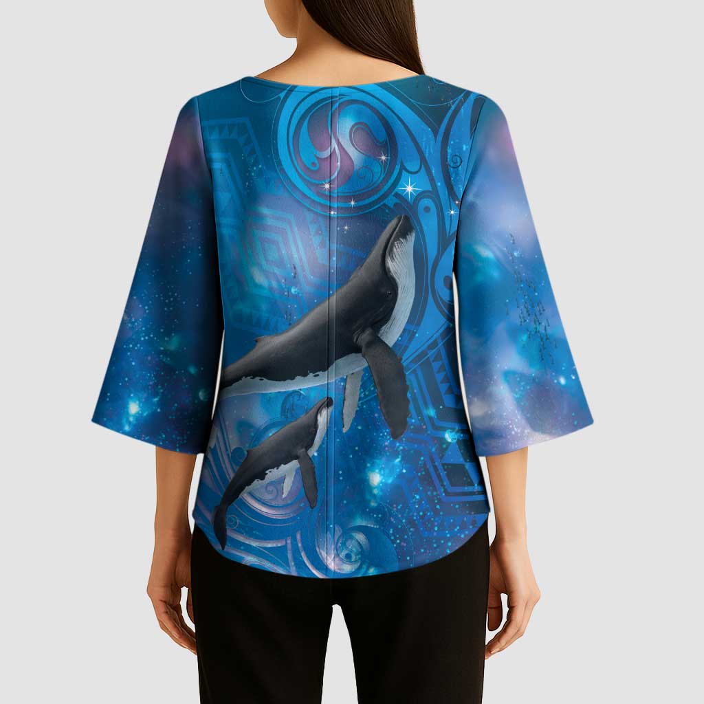 Paikea New Zealand Matariki Kimono Sleeve Blouse Humpback Whale Taniko Motifs Ocean Vibes LT14 - Polynesian Pride