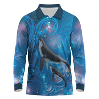 Paikea New Zealand Matariki Long Sleeve Polo Shirt Humpback Whale Taniko Motifs Ocean Vibes LT14 Blue - Polynesian Pride