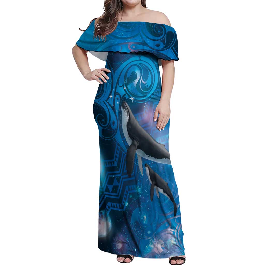 Paikea New Zealand Matariki Off Shoulder Maxi Dress Humpback Whale Taniko Motifs Ocean Vibes LT14 Women Blue - Polynesian Pride