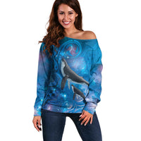 Paikea New Zealand Matariki Off Shoulder Sweater Humpback Whale Taniko Motifs Ocean Vibes LT14 Women Blue - Polynesian Pride