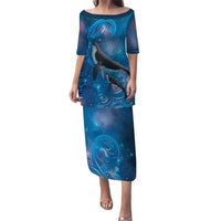 Paikea New Zealand Matariki Puletasi Humpback Whale Taniko Motifs Ocean Vibes LT14 Long Dress Blue - Polynesian Pride