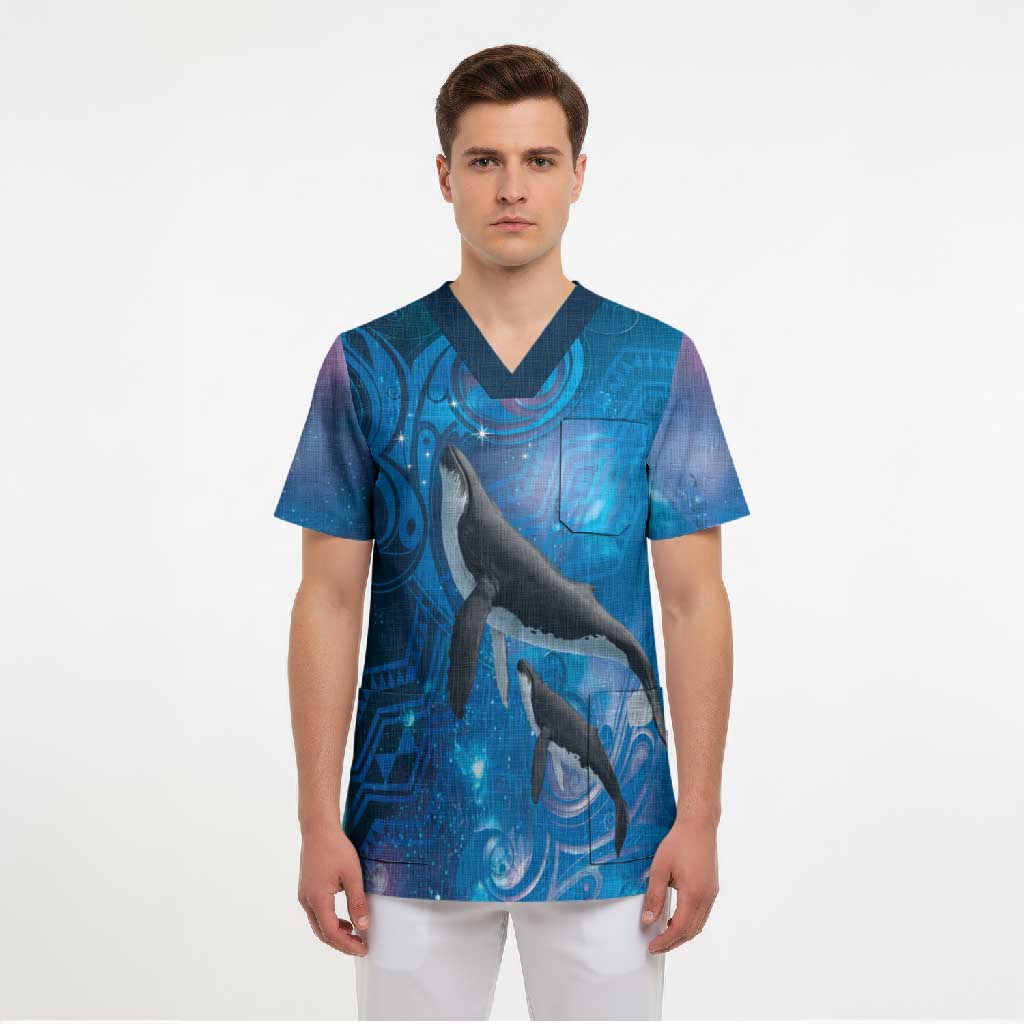 Paikea New Zealand Matariki Scrub Top Humpback Whale Taniko Motifs Ocean Vibes LT14 - Polynesian Pride