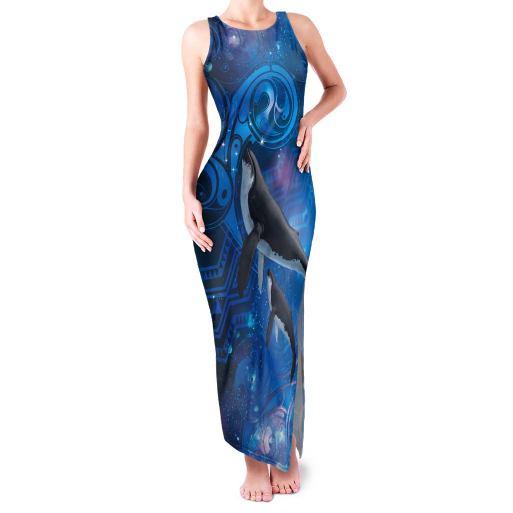 Paikea New Zealand Matariki Tank Maxi Dress Humpback Whale Taniko Motifs Ocean Vibes LT14 Women Blue - Polynesian Pride