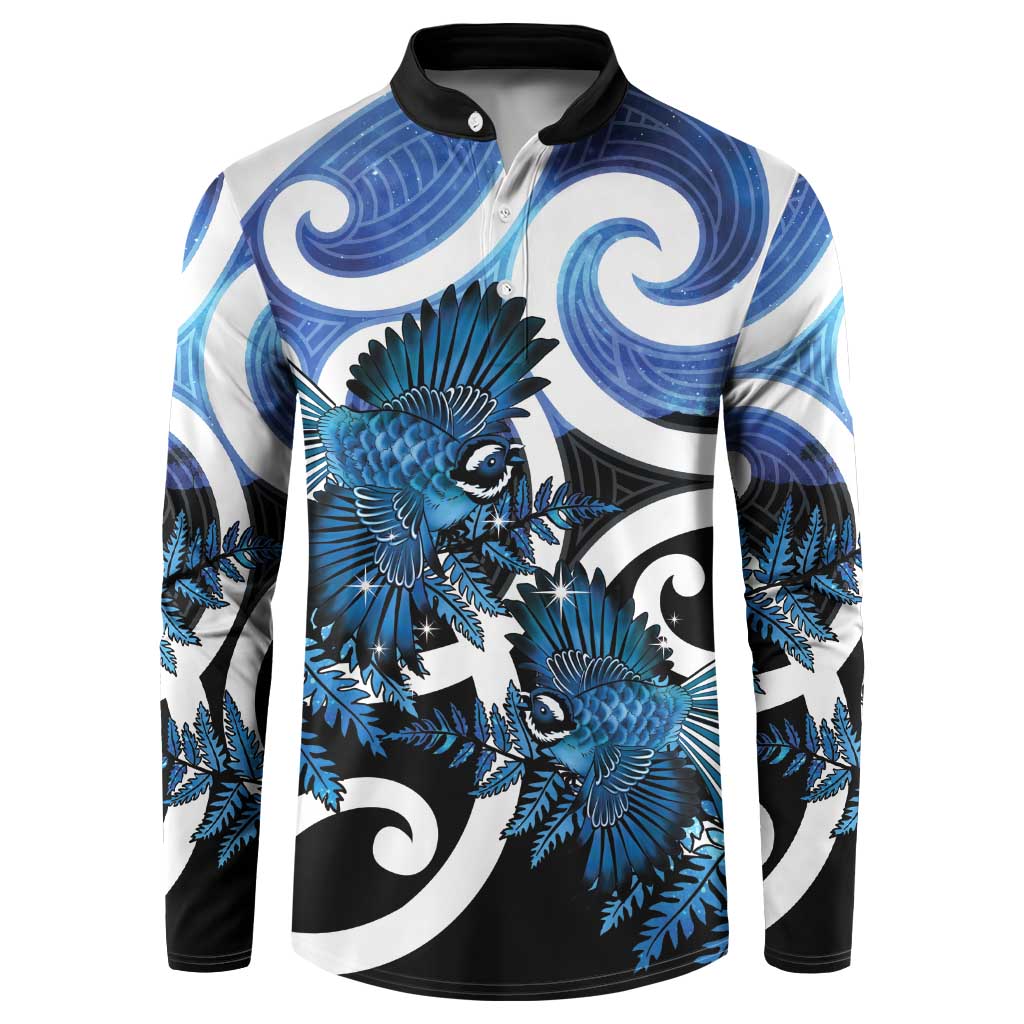 Piwakawaka New Zealand Matariki Button Sweatshirt Maori New Year Silver Fern Blue Galaxy