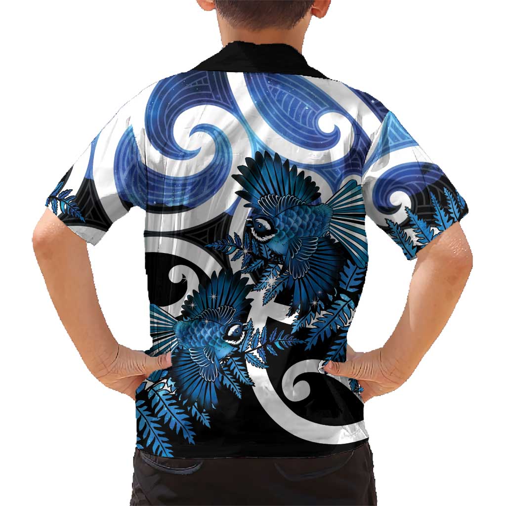 Piwakawaka New Zealand Matariki Family Matching Long Sleeve Bodycon Dress and Hawaiian Shirt Maori New Year Silver Fern Blue Galaxy LT14 - Polynesian Pride